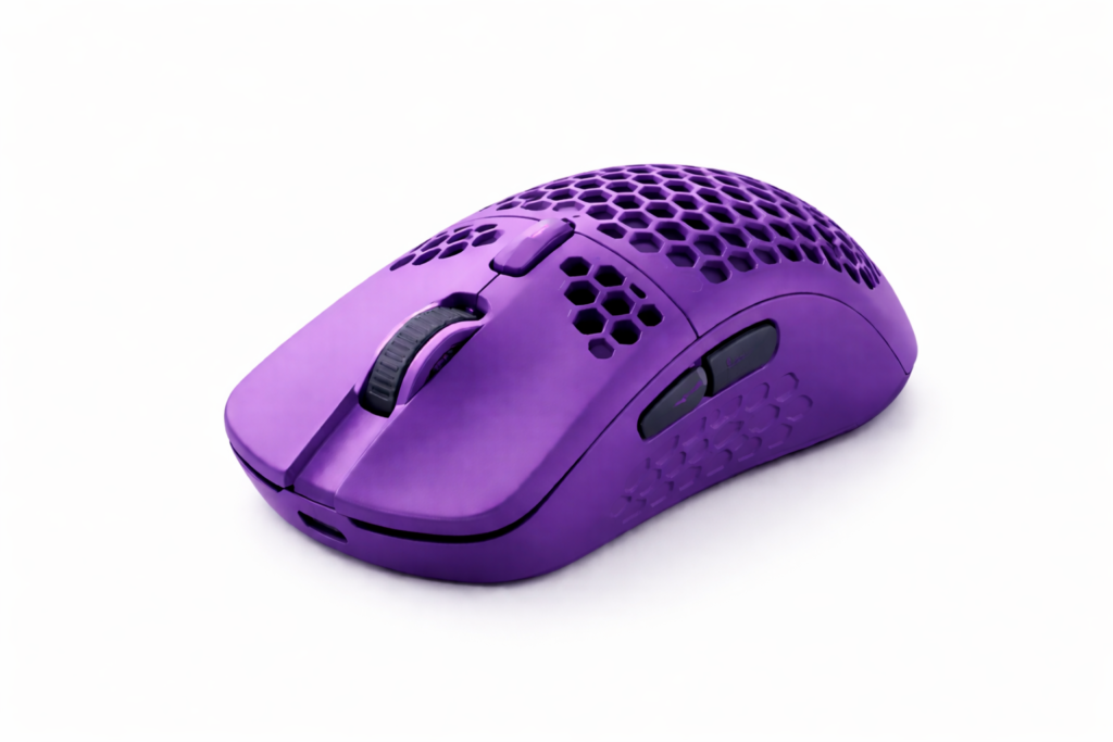 Mouse profissional roxo estilo ultraleve em fundo branco - Tecnologia Acessível.